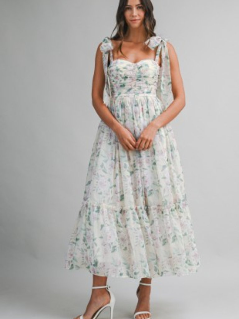 Floral Bust Ruched Midi Dress With Shoulder Tie
